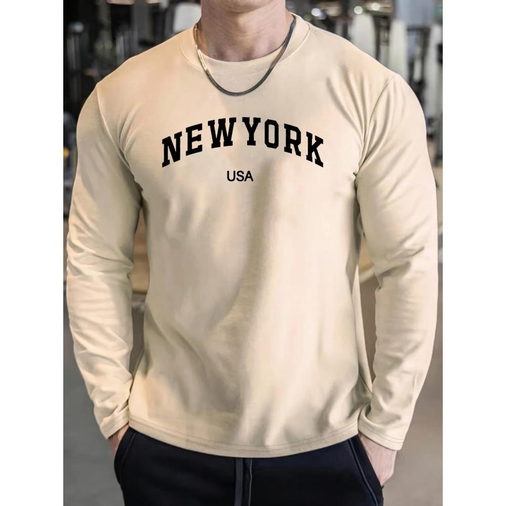Spring and Autumn Round Neck Letter " New York USA" Graphic 3D Printed Top Fashionable Casual Long Sleeved Men's T-shirts