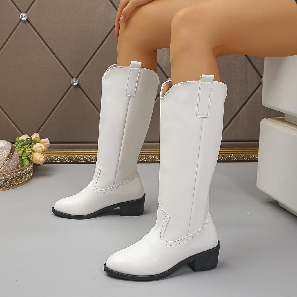 Retro Elegante Damen Kniehohe Stiefel Dicke Absätze Einfarbig Spitz zulaufende Spitze Hohe Stiefel Herbst Winter Büro Damenschuhe Frau