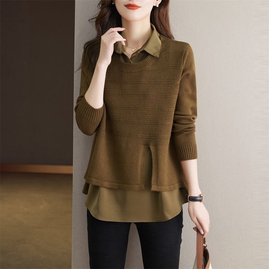 Korean Fake Two-piece Shirt Knitted Women's Spring Autumn Fashion Loose Sweater Bottoming Shirt Female Knitwear Tops