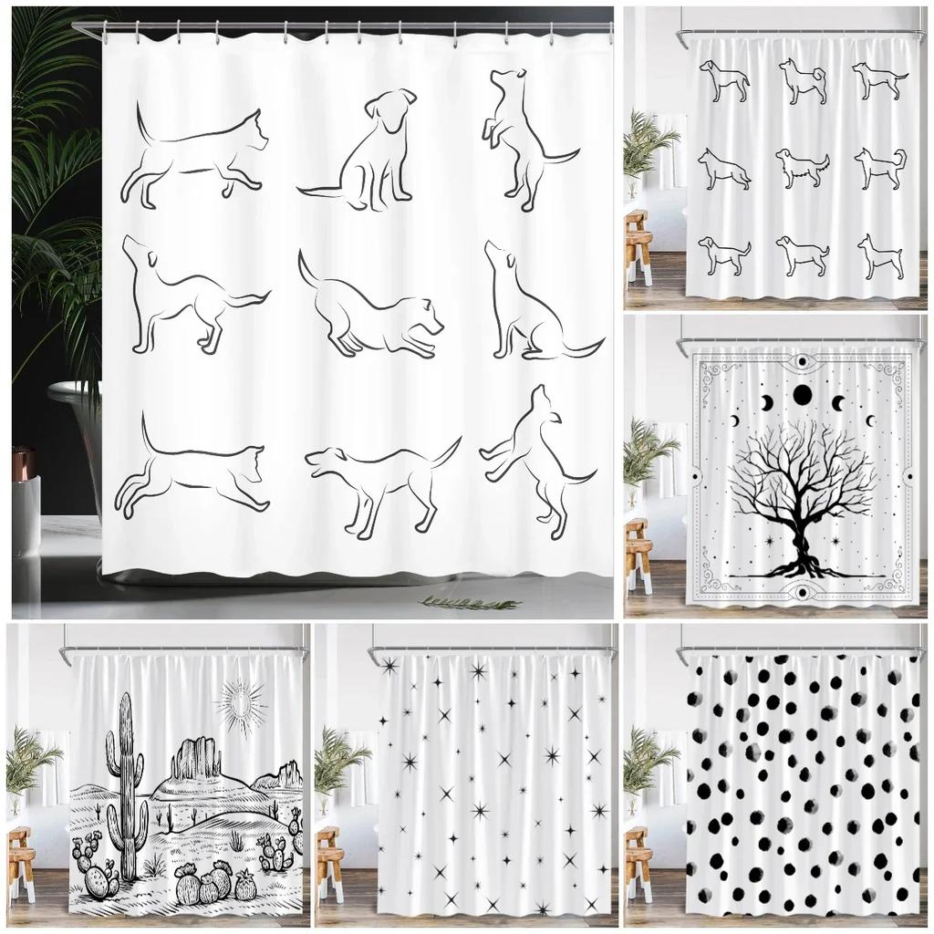 Black White Abstract Simple Line Shower Curtain Nordic Simple Bathroom Decoration Modern Polyester Shower Curtain Screen