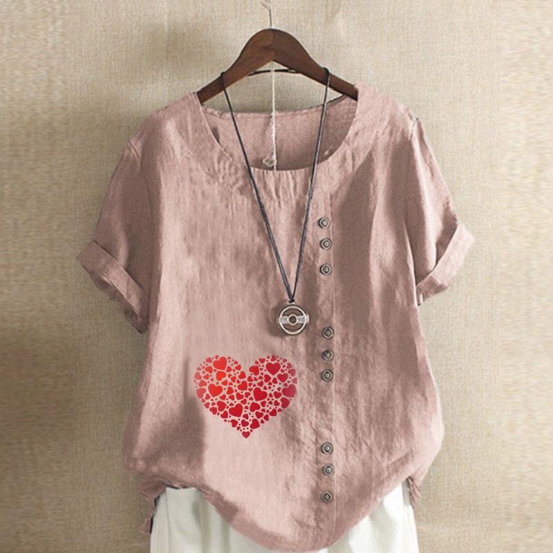 Women's Fashion Round Neck Short Sleeve T-shirt Casual Cotton Linen Graphic Shirt Leisure Loose Heart-shaped Prined Summer Blouse Tops