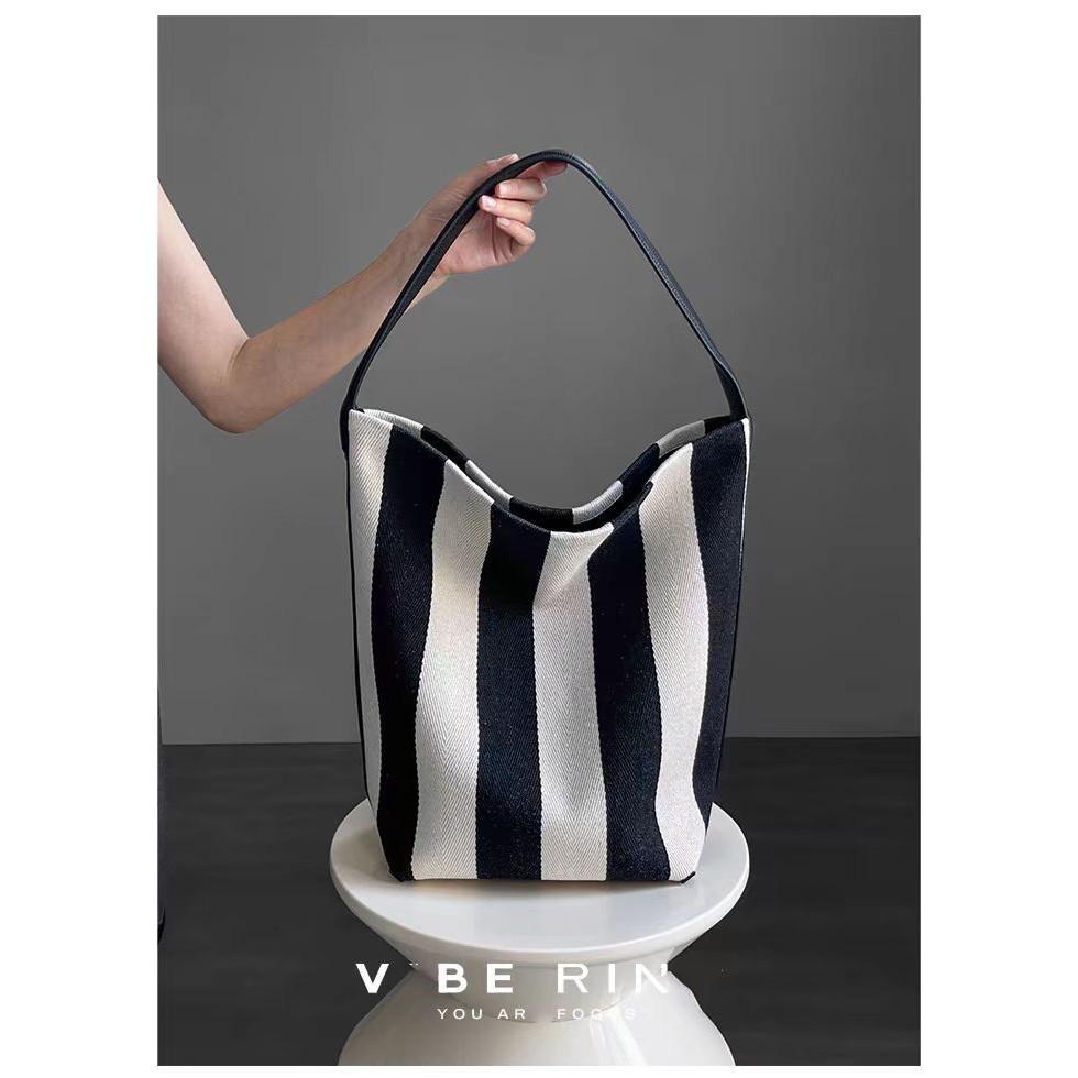 Ielgy Striped Canvas Bag Bucket Bag Large Capacity Shoulder Large Bag