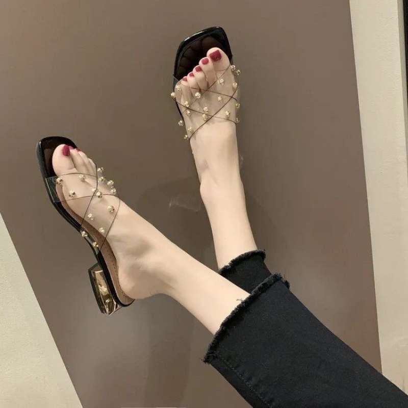 Size 35-43, Large Size Women's Shoes Slippers Women's Summer Wear Thick Heel Transparent Cool Slippers 41 Fashionable Low Heel One-word Drag 42