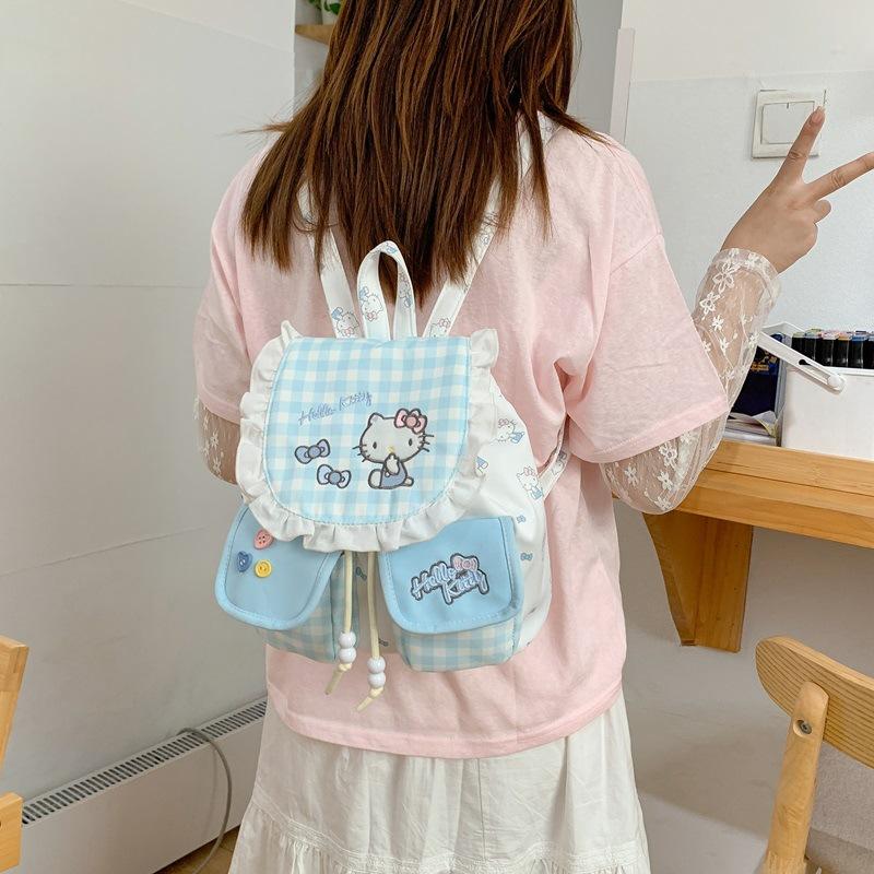 Schoolbag Cream Plaid Flip Backpack Girls Travel Bag Japanese Soft Girl Double Pocket Drawstring Mini Backpack