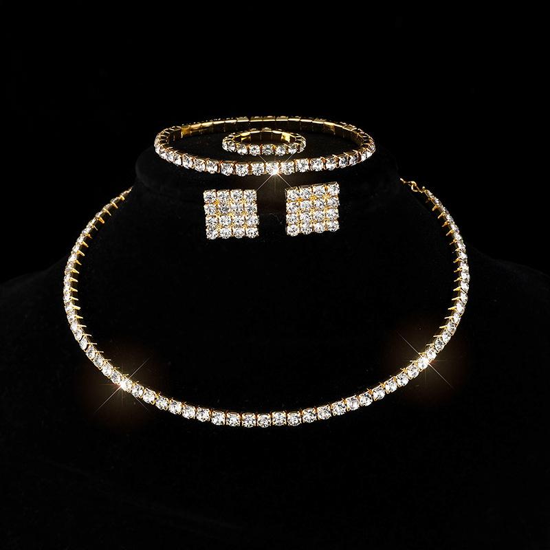 New Fashion Necklace Earrings Ring Bracelet Four-piece Set, Full Diamond Three-Row Collar Bridal Suit Women