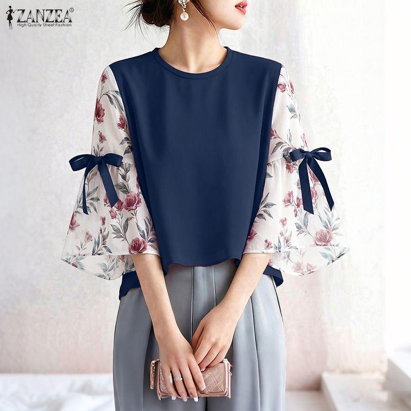 ZANZEA Damska casualowa luźna bluzka z okrągłym dekoltem, nadrukiem i wstawkami, rękaw 3/4