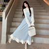 Sweet Short Skirt Women's Autumn Winter Waist-Cinching Designed Color-Block Patchwork Fake Two-Piece Dress