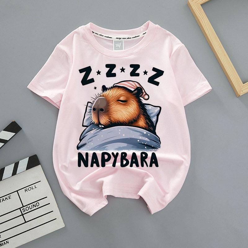 Capybara Summer Childrens Wear Shortsleeved Capybara Cute Childrens Roundneck Pink Trendy Brand Breathable Tshirt