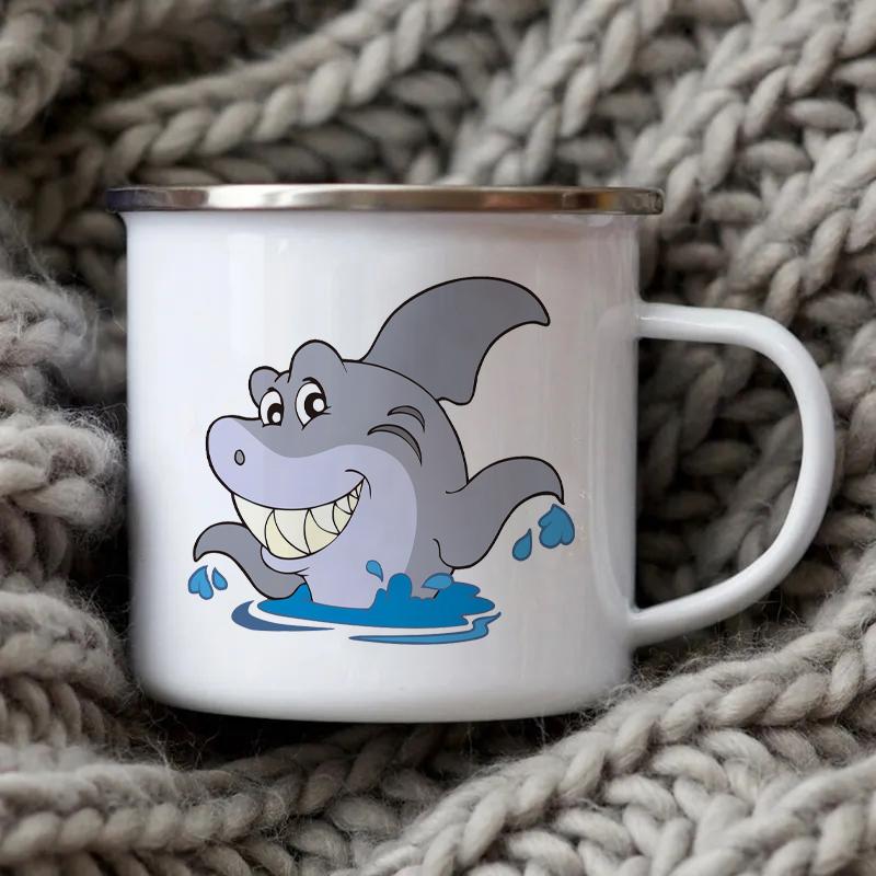 

Cartoon Happy Shark Print Enamel Cup Gift for Children Metal Cup Funny Coffee Cups to Sublimate Custom Mug Kawaii Cupshe Mugs 360ml