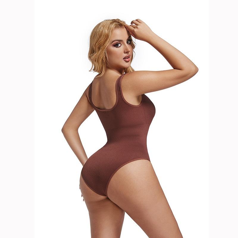 Body Shapewear Senza Cuciture a Coste con Scollo Quadrato, Modellante Vita e Addome