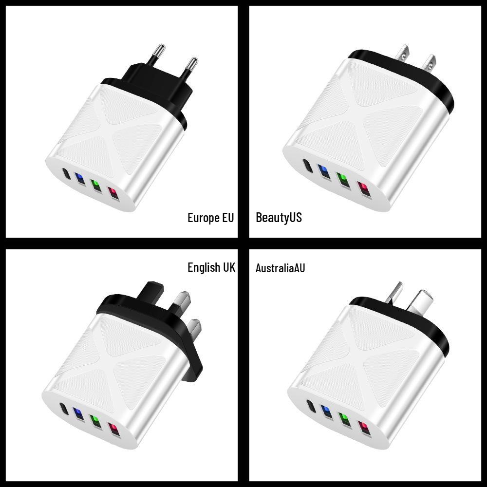 Multi-Port 5V 2.4A Reise-Ladegerät mit 3 USB- & Typ-C-Anschlüssen für EU-, US-, UK-Standards