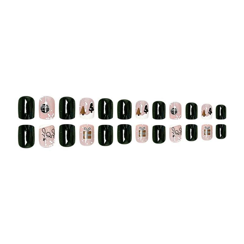 24pcs Press On Nails Simple Cute Christmas Tree Nail Art Pieces Dark Green White Snow False Nails Short European Square Nail Art Pieces Removable