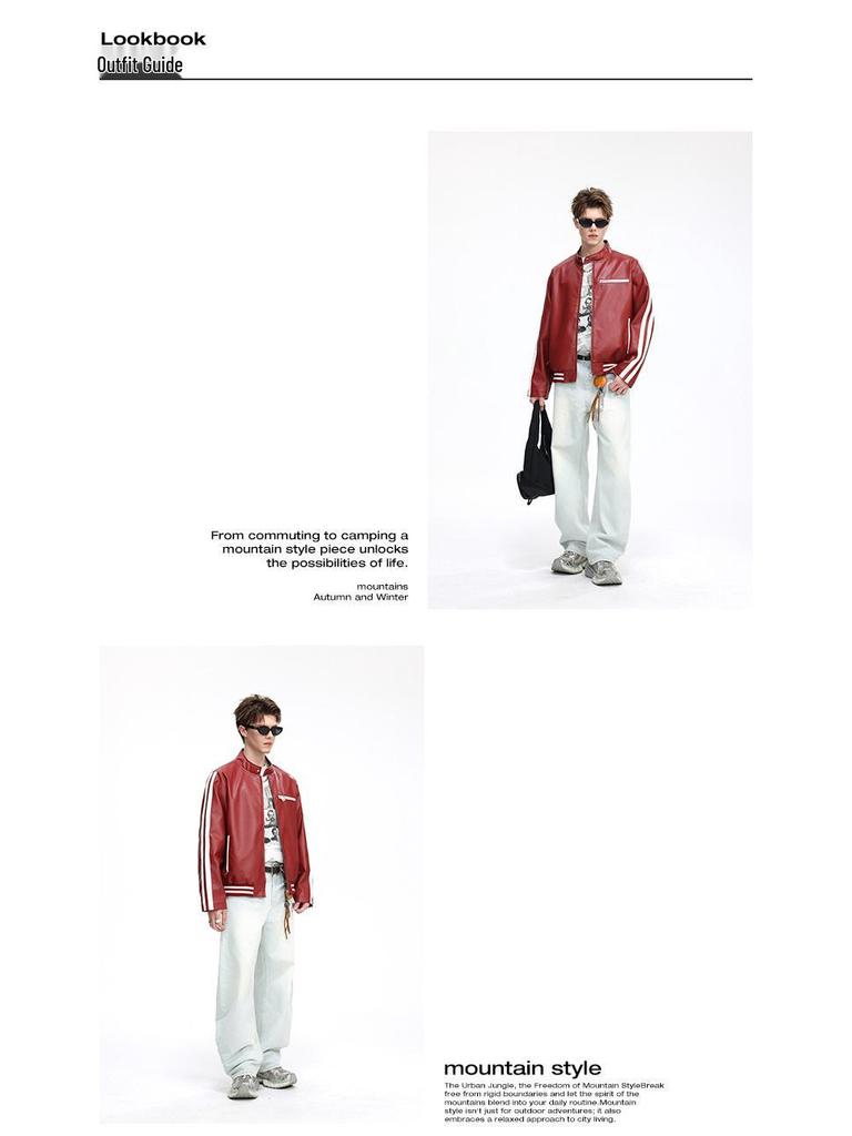 Herren Trendy Lederjacke mit Stehkragen - Lockere Passform, Lässig, Modisch, Bequemes Gewebe mit Schlichtem Linienmuster.