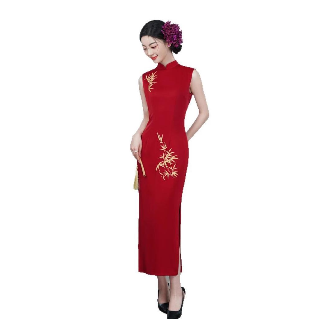 Cheongsam New Chinese 1011 Red Improved Young Republic of China Style Acetic Acid Embroidered Long Dress Double Layer
