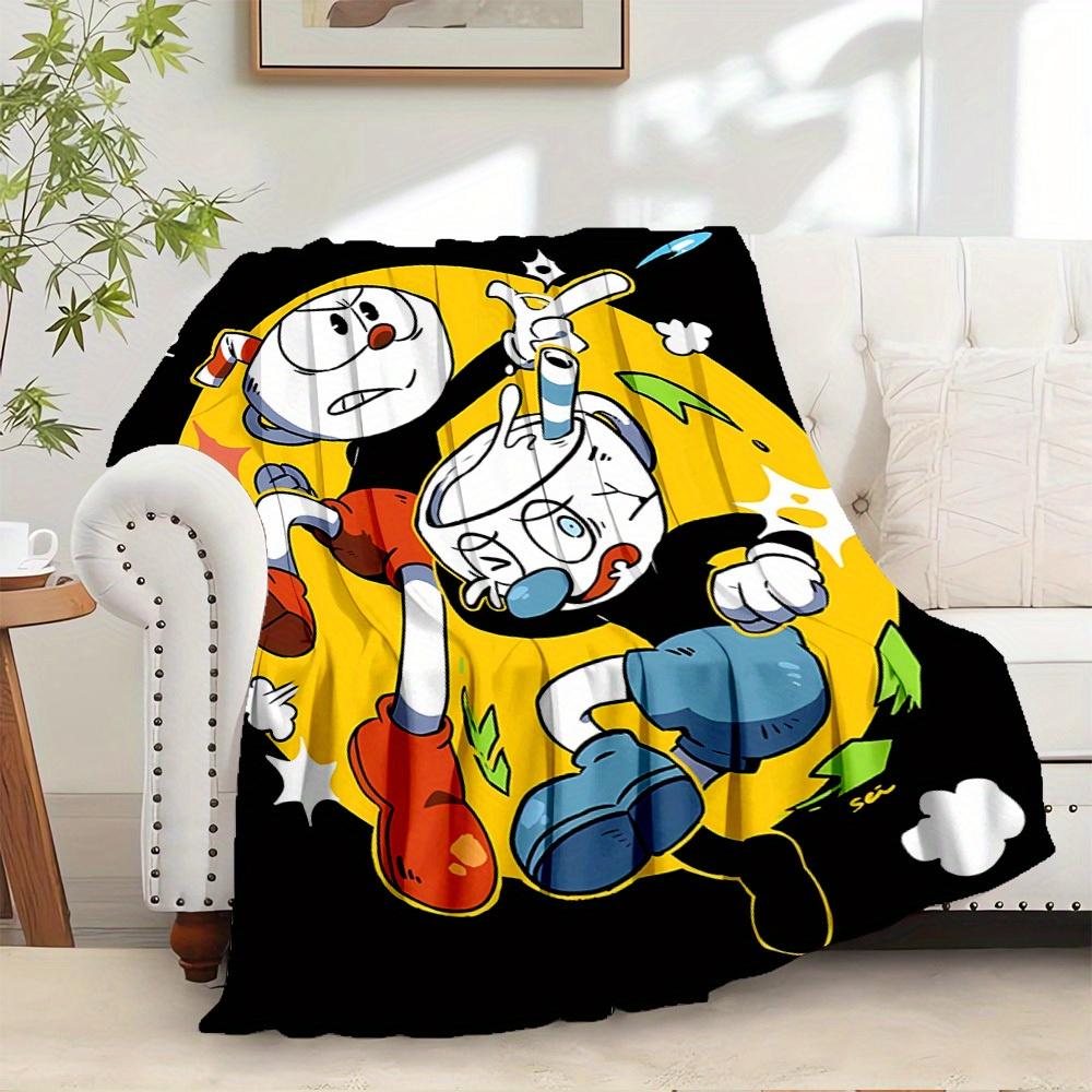 1pc Cuphead",Mugman",Art" Digital Print Flannel Blanket - Contemporary Style, Suitable for All Seasons, Perfect for Home, Travel, or Camping