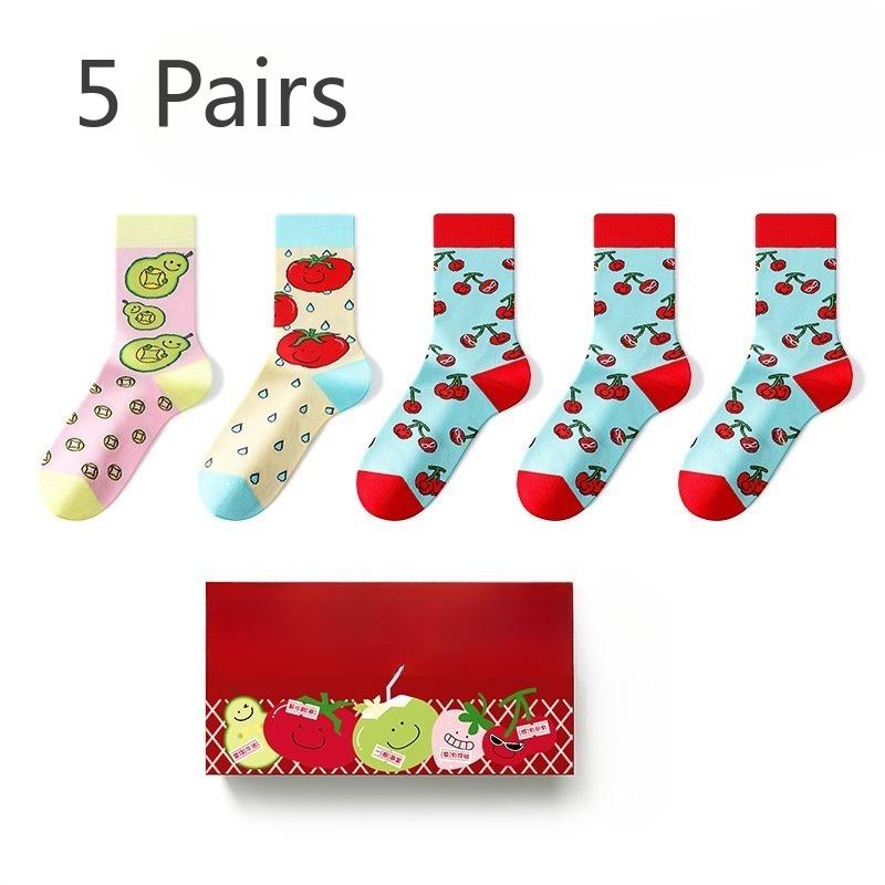 

5 пар женских осенне-зимних новых хлопковых носков с длинным голенищем и фруктовым дизайном 5 Pairs