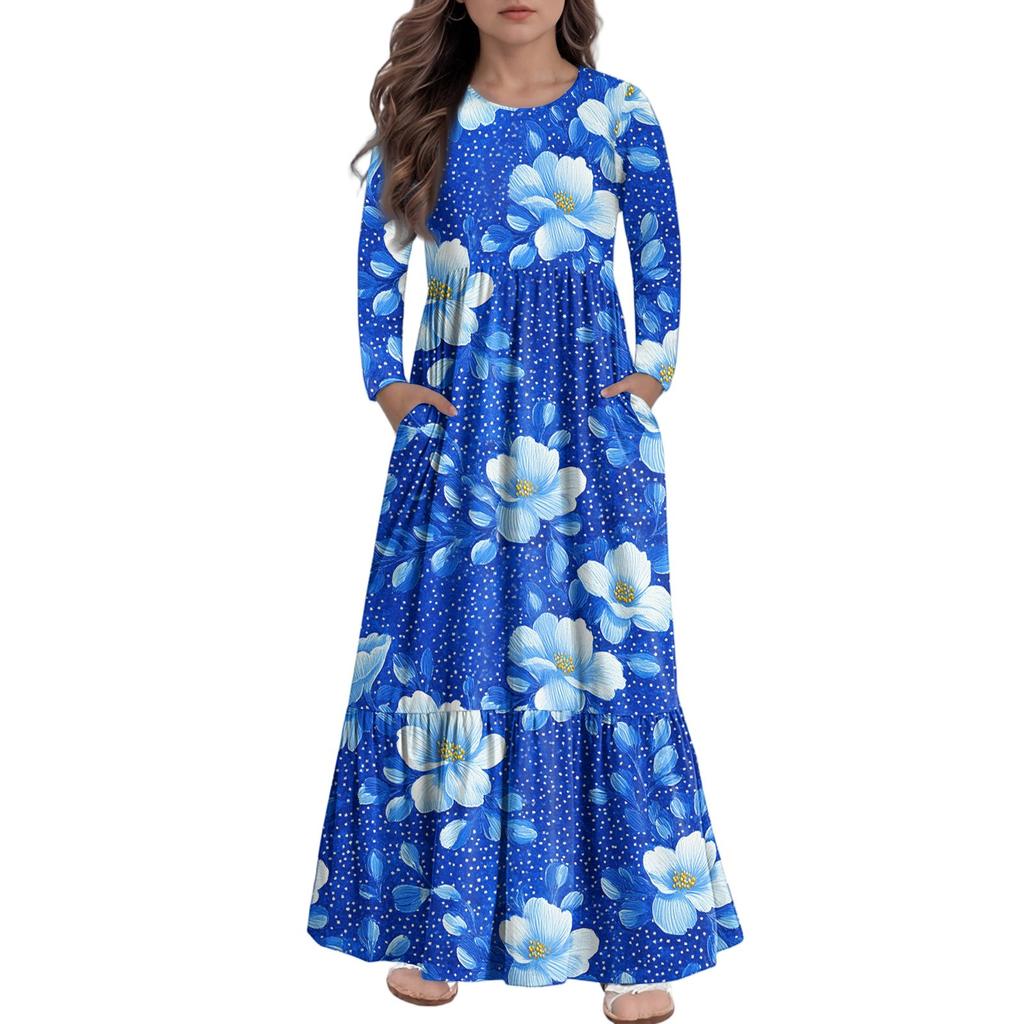 Rochie Maxi de Fete Rochii Casual de Vacanță - Rochie cu Mâneci Lungi cu Buzunare Pentru 4-14A