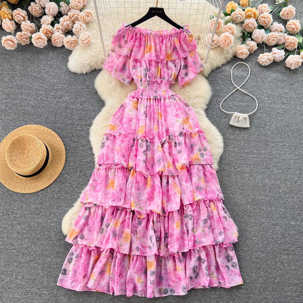 Summer French One Line Neck Fragmented Flower Dress Pleated Waist Wrapped High Grade Sweet Dress