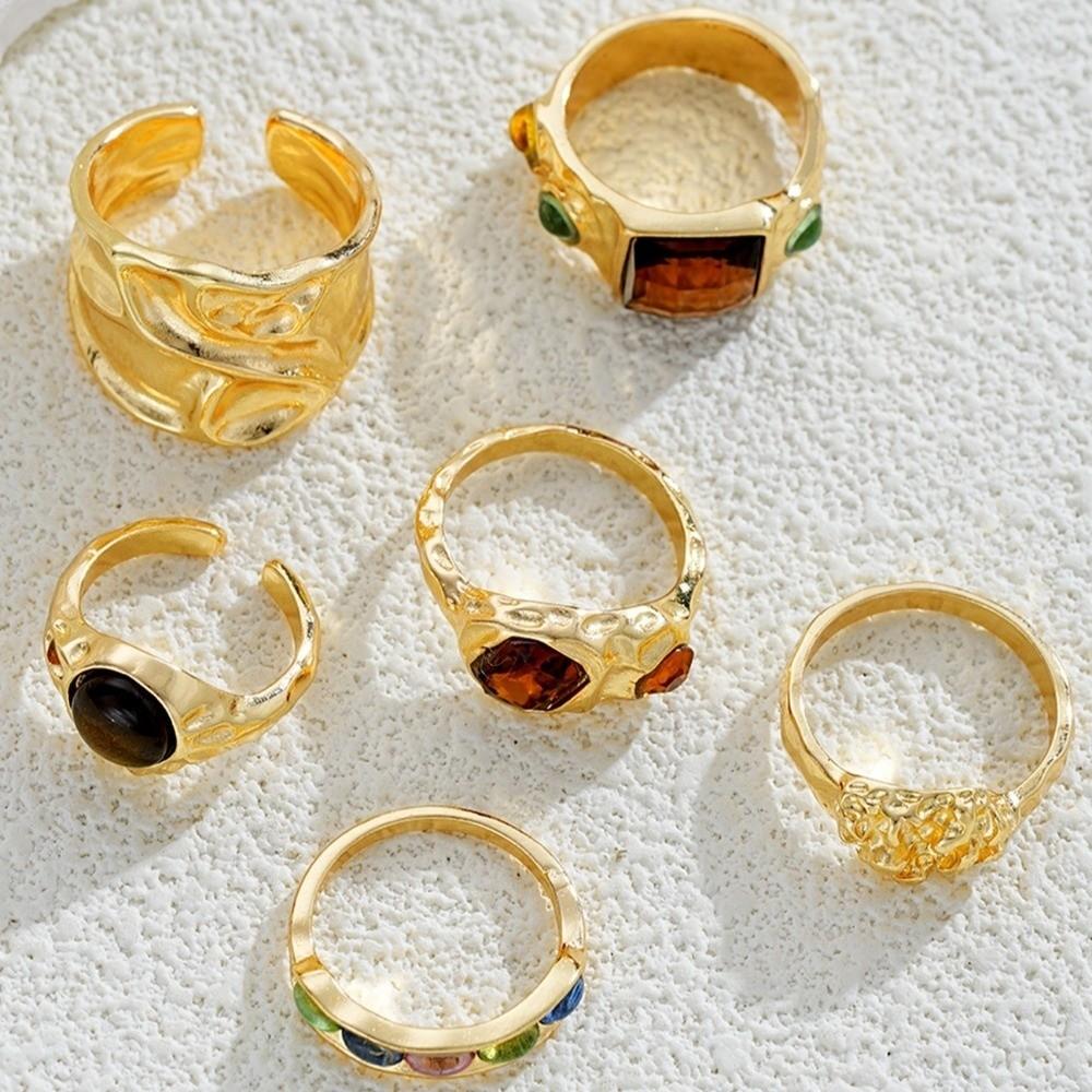 Tiger Eye Inlaid Crystal Ring Set Gold Plated Finger Open Rings Set New Geometric Rings Set Women