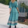 Women Summer Bohemian Maxi Dress Ethnic Patchwork A-line Printing V Neck Short Sleeves Elastic Waist Pleated Vacation Beach Dress