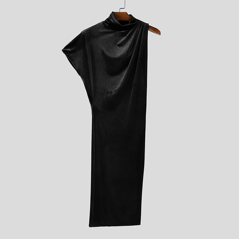 

INCERUN Мужской водолазка с одним рукавом, блестящий, с высокими разрезами, повседневный длинный топ, футболки 5XL чёрный