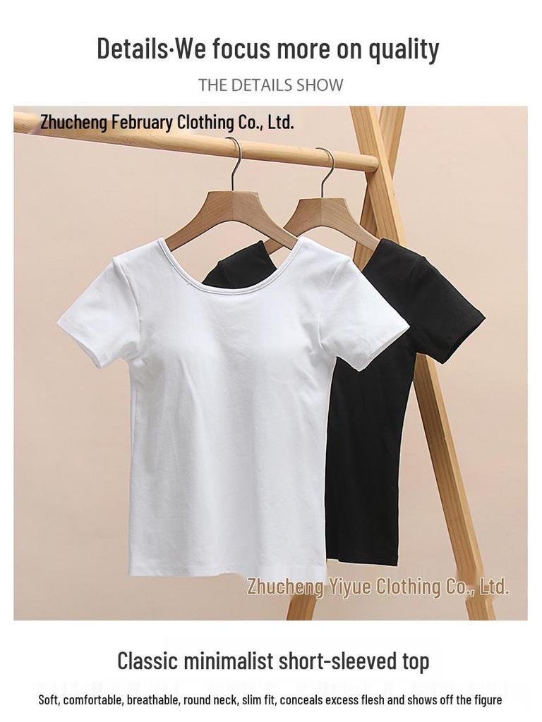 Dámské tričko s krátkým rukávem bez podprsenky - Čistá bavlna, Všitá podprsenka, Krásná záda, Zeštíhlující střih, Letní top