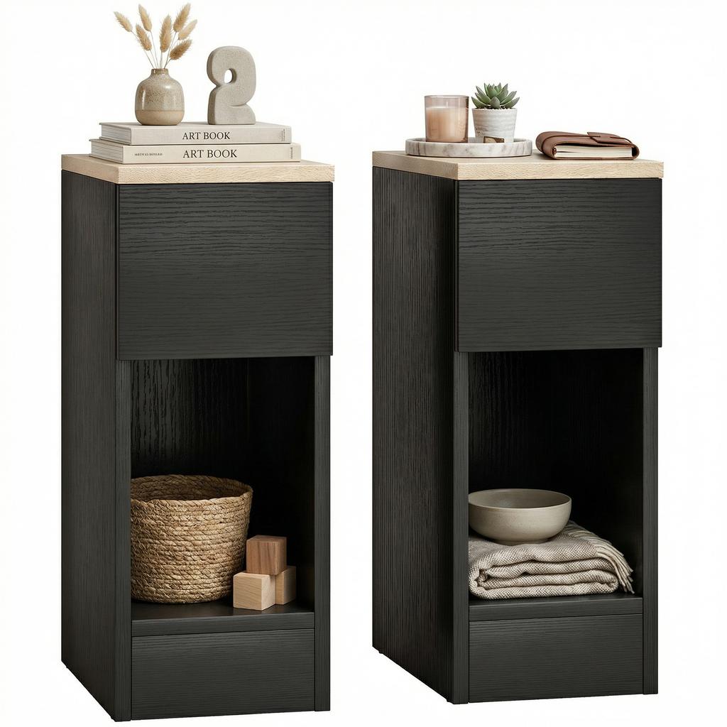 Set of Two Modern Storage Bedside Tables - Black