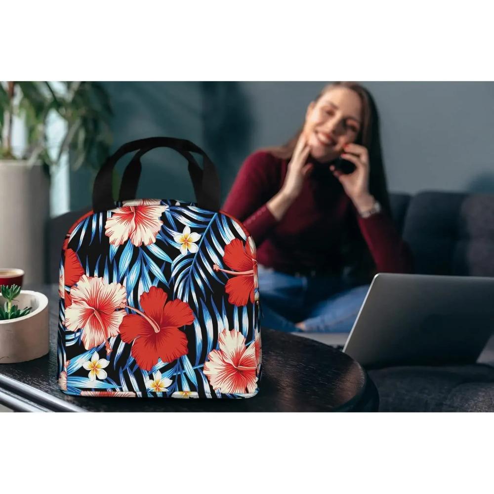 Red Hibiscus Large Insulated Lunch Bag Blue Tropical Leaves Hawaii Floral Lunch Box for Boys Girls Men Women Work Shcool Picnic