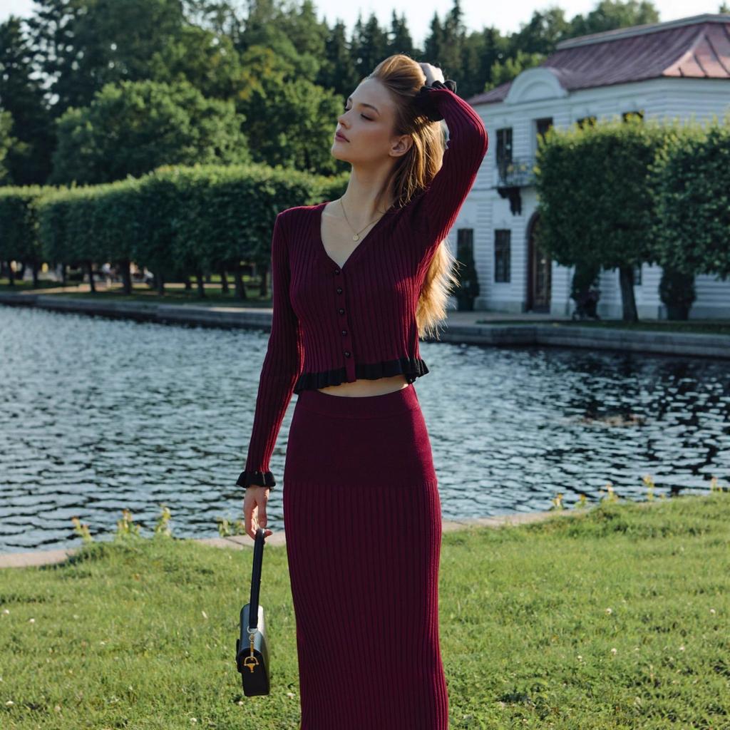 French Elegant Ruffle Edge Tight Knit Two-piece Set Women's Autumn and Winter Temperament Dress Set