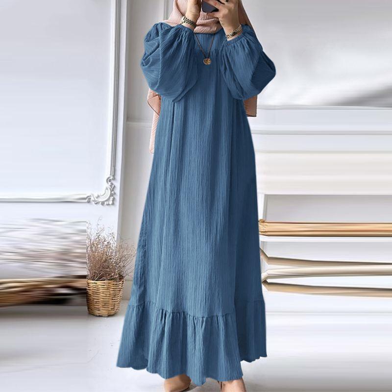 In-Stock Pleated Vintage Muslim Women's Robe with Puff Sleeves and Pocket Hem Ruffle Dress
