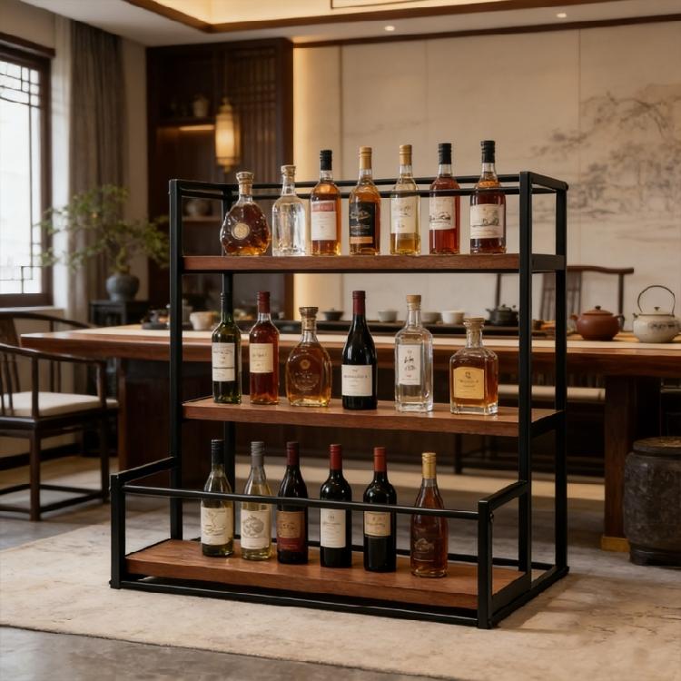 Functional Wooden Wine Rack With Metal Frame Suitable For Kitchen Counter Or Coffee Station