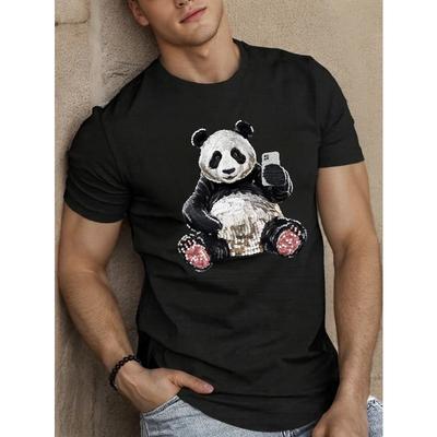 Europäische Größen Herren Sommer Lässiges Rundhals-T-Shirt mit Pailletten-Panda und Smartphone, Strickstoff, Leichte Dehnbarkeit,