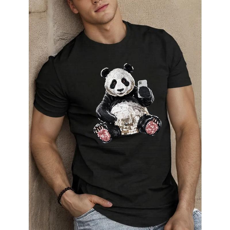 

European sizes Men S Summer Casual Crew Neck T-Shirt with Sequined Panda and Smartphone, Knit Fabric, Slight Stretch, 4XL чорний