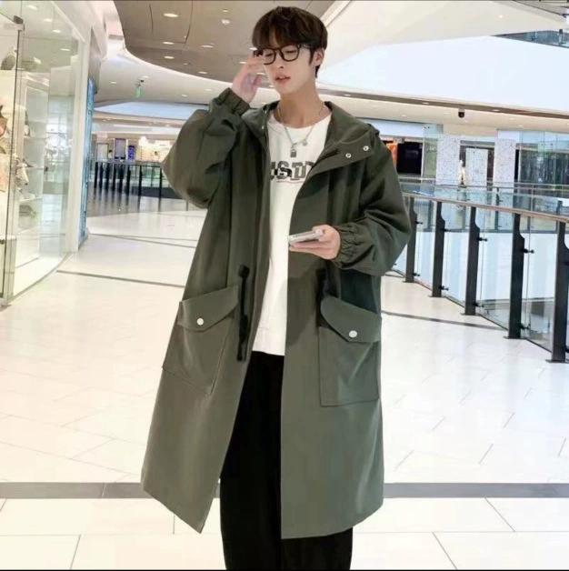 Zippered Long-sleeve Coat for Men Streetwear Men's Trench Coat with Hood Mid-length Big Pockets Windproof Anti-wrinkle Zipper