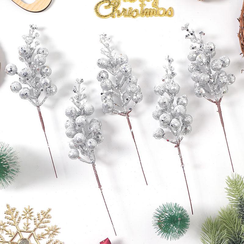 

5Pcs Christmas Decoration Artificial Glitter Berry Stem Xmas Tree Hanging Ornaments New Year Craft Flower Wreath Gift Navidad 5Pcs серебряный