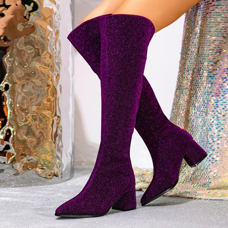 Fashion Liyke Runway Catwalk Fashion Sequined Thigh High Boots Women Purple Pointed Toe Zip Over The Knee Shoes Autumn Winter Low Heels