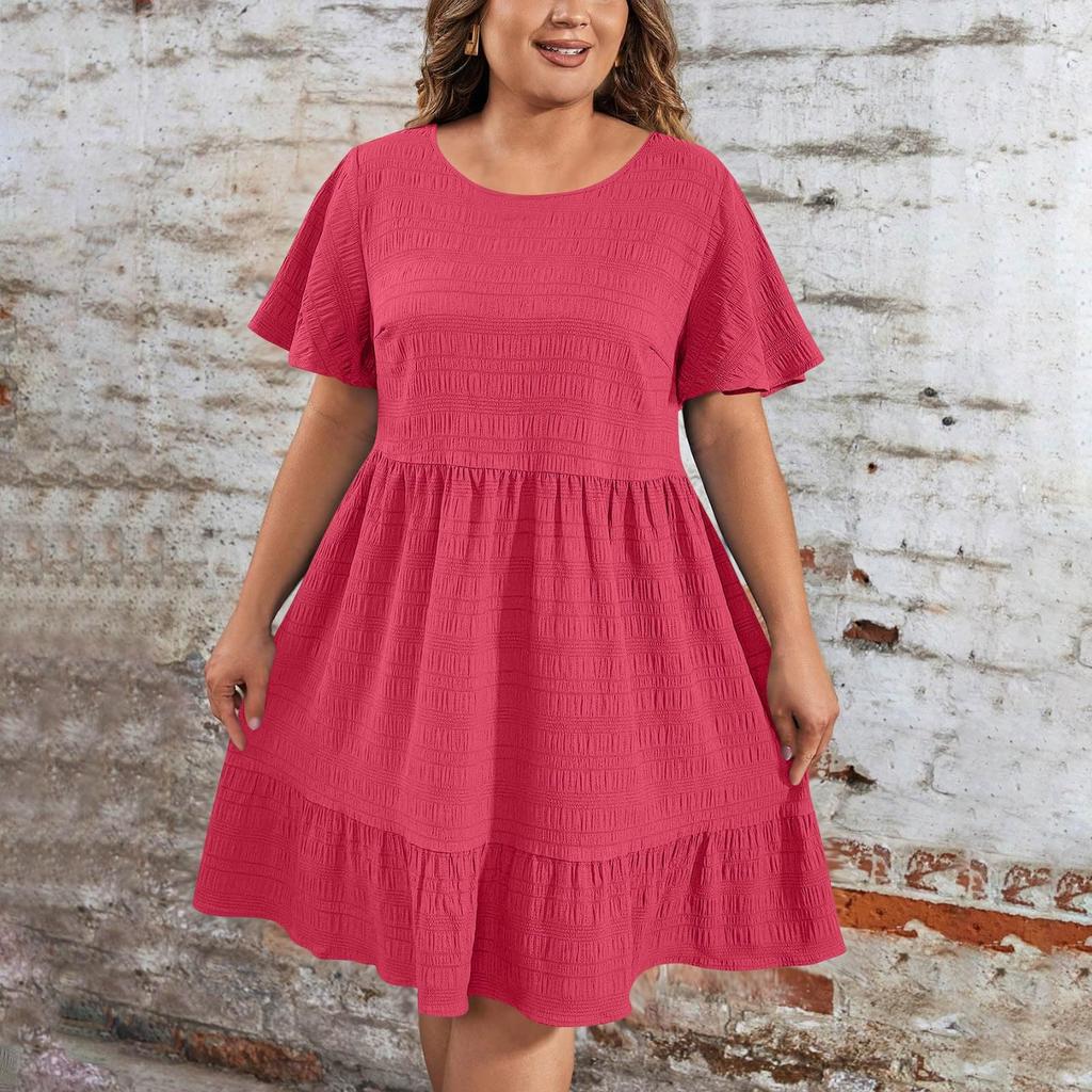 Ladies' Large Size Casual And Fashionable Solid Color Dress, Loose Short Sleeved Waist Cinched Dress