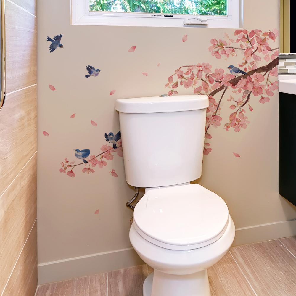 Watercolor Cherry Blossom Branches and Magpie-themed Wall Stickers for Home Decoration In Living Room