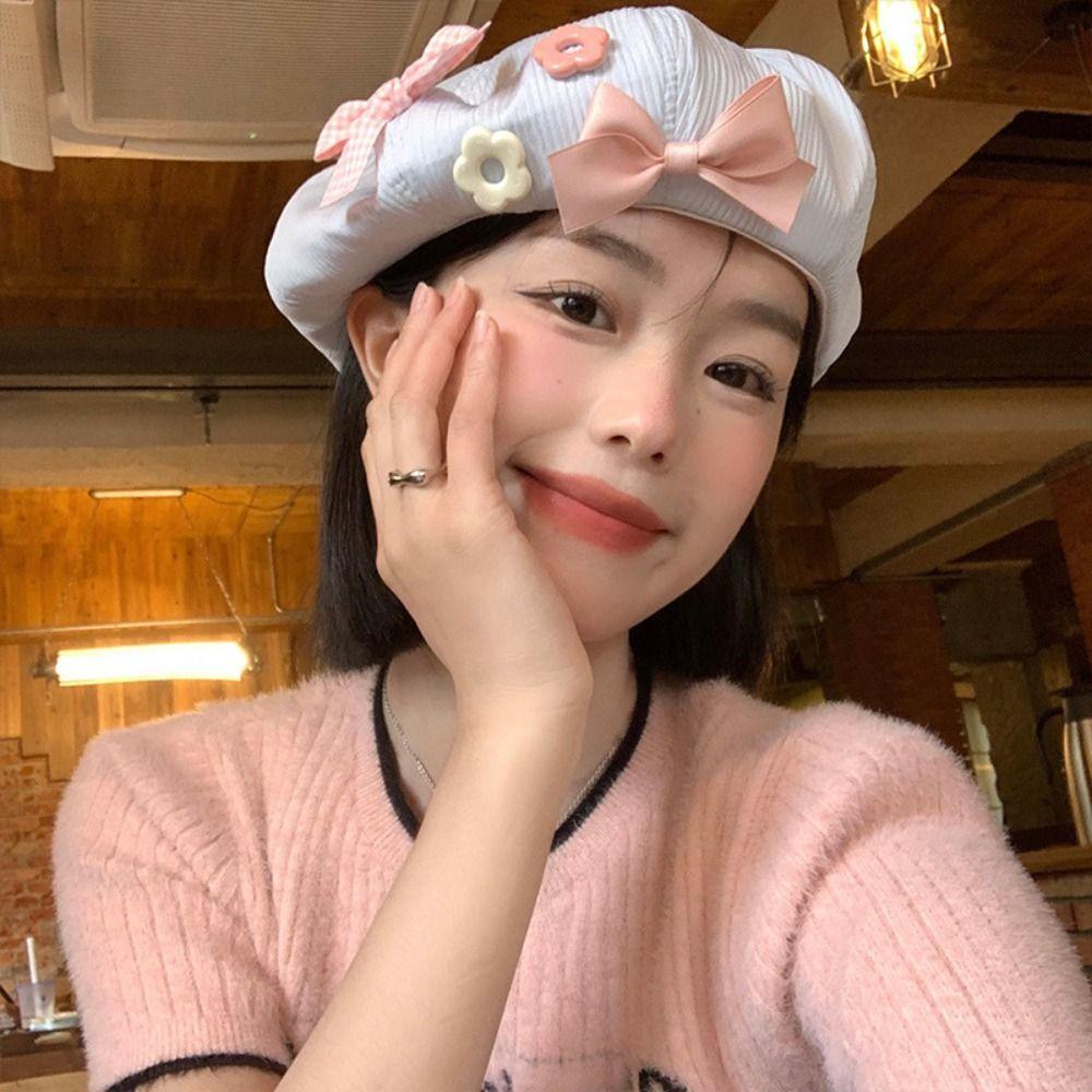 Cotton Octagonal Cap Y2k Painter Hat Sweet Bow Flower Beret  Autumn