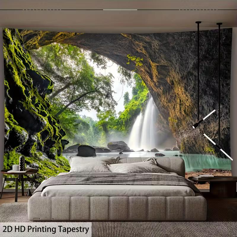 2D Jungle Cave Waterfall Wall Tapestry Tropical Scenery Background Cloth