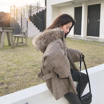 Cappotto Invernale da Donna con Grande Collo in Pelliccia Giacca di Cotone a Quadri Coreana Ampia Studentesca Parka Imbottito Caldo Spesso