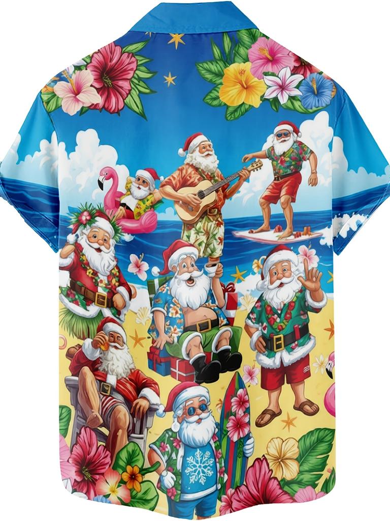 Men'S Hawaiian Santa Claus Surfing Print Casual Short-Sleeve Shirt