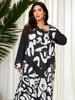 Plus Size Retro Abstract Art V-Neck Long Dress with Patchwork Sleeves