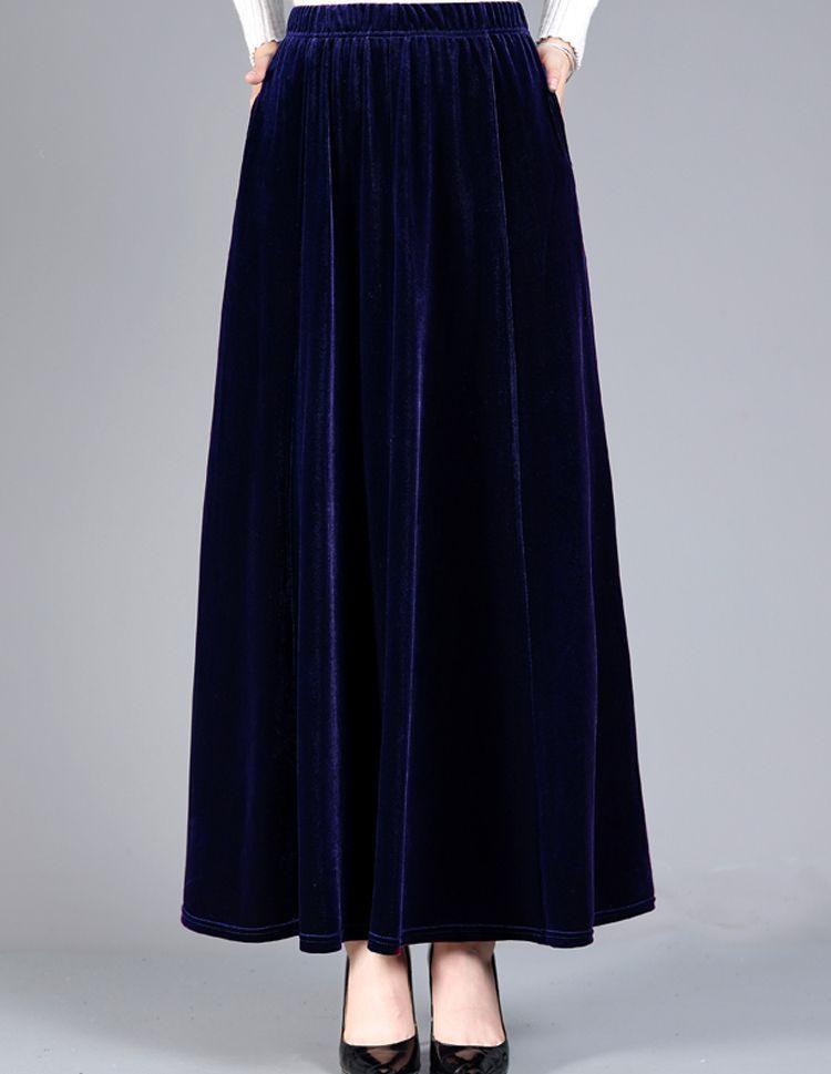 Zlatá sametová A-line dlouhá sukně nadměrné velikosti - S vysokým pasem a univerzální dámská taneční sukně