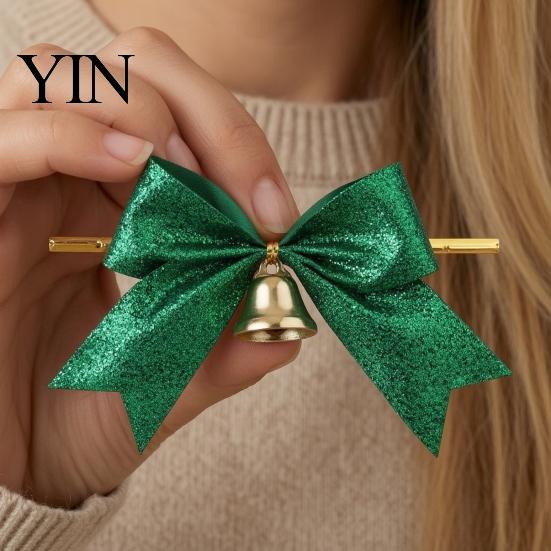 Decorative Bows with Bells 2 Pcs Christmas Bell, 4 Inch Glitter Ribbon Bows, Pre Tied Hanging Holiday Ornaments Xmas for Gift Wrapping, Wreath, Tree,