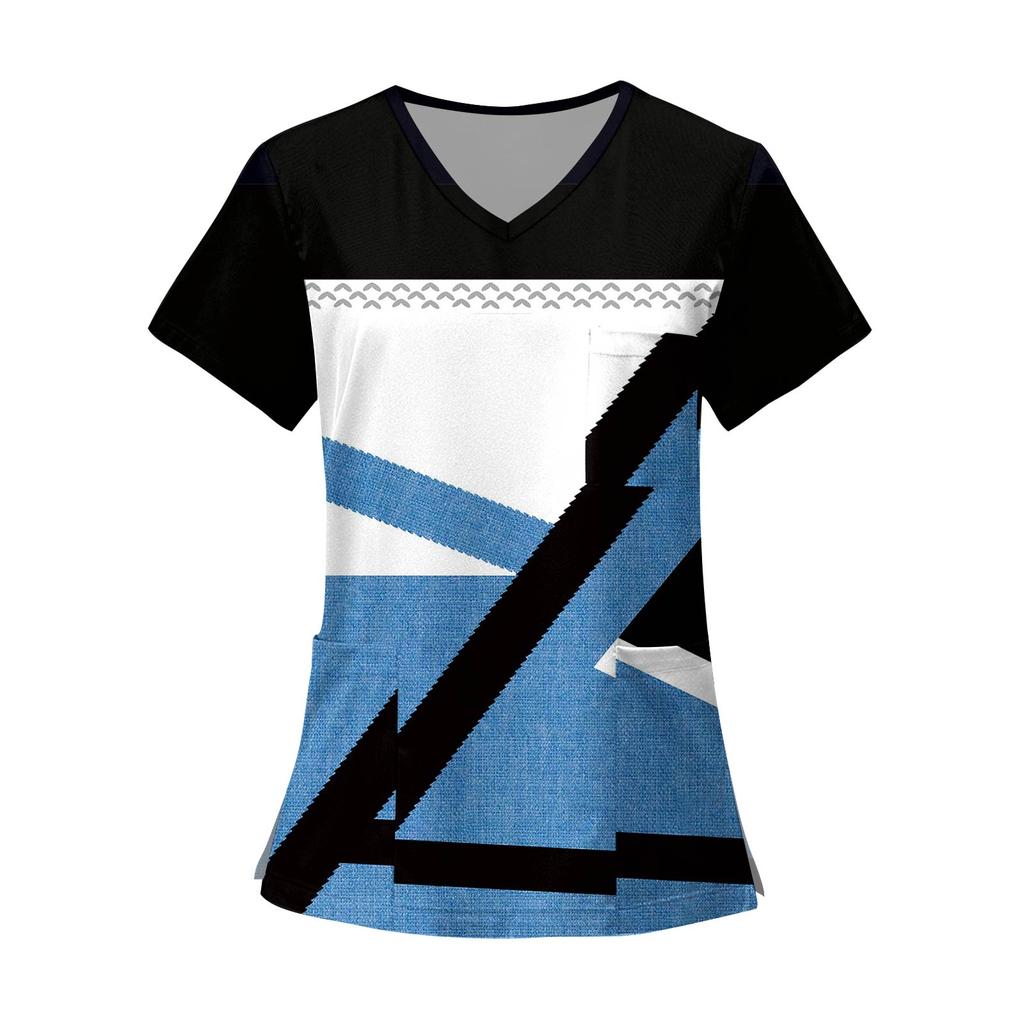 Women's Fashion Printed Short Sleeve V Neck Pattern Tops Pocket Working T-shirts