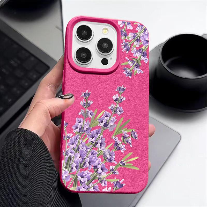 Matte Leather Texture Shockproof Phone Case For iPhone 16 Pro Max 15 14 Pro 13 12 11 Purple Flower Pattern Slim TPU Soft Bumper Cover
