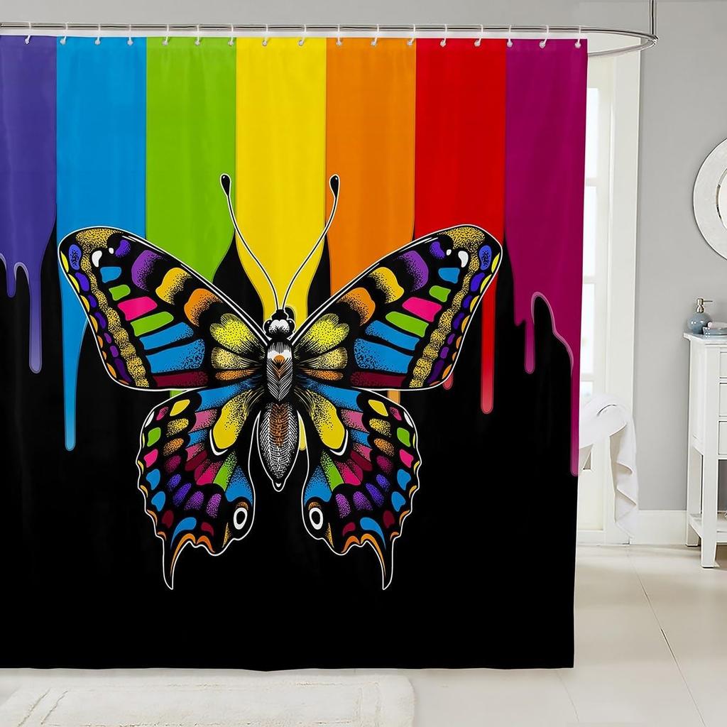 Psychedelic Butterfly Vintage Mushroom Shower Curtain Dragonfly Boho Bathroom Decoration Polyester Fabric Bath Curtain with Hook