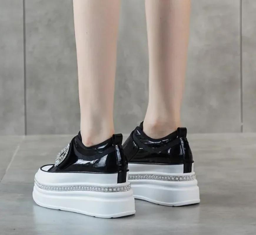 Fashion 8cm Crystal High Top Women Genuine Leather Platform Boots Wedge Hidden Heel Hook Spring Autumn Bling Shoes Sneakers Ankle Boots