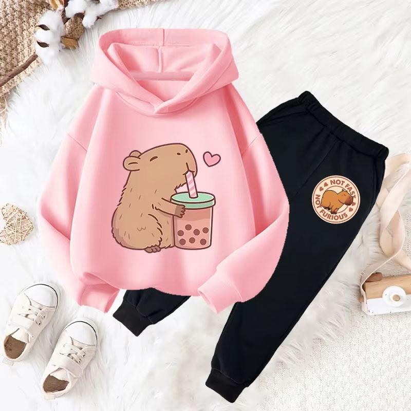Capybara Print Children Hoodie Sets Girls Boys Autumn Winter Casual Fashion Cute Funny Fleece Long Sleeve Hoodies and Long Pants